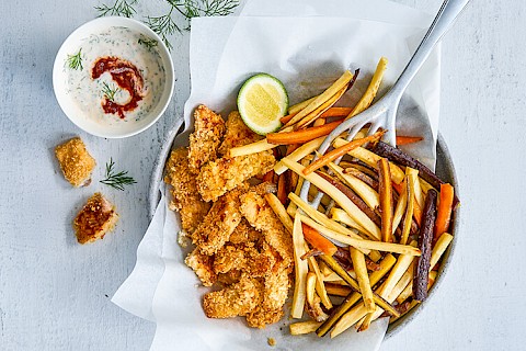 Nuggets de poisson et frites de légumes